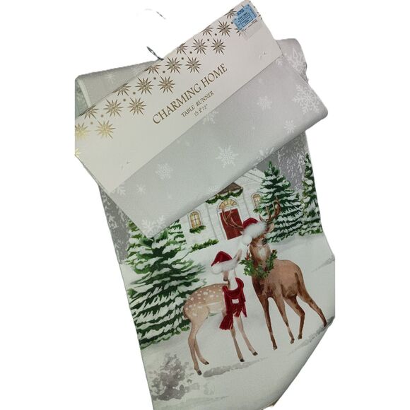 CHARMING HOME: Christmas Table Runner - Deer in Woods with Church, Size 13"X 72" - Picture 1 of 4